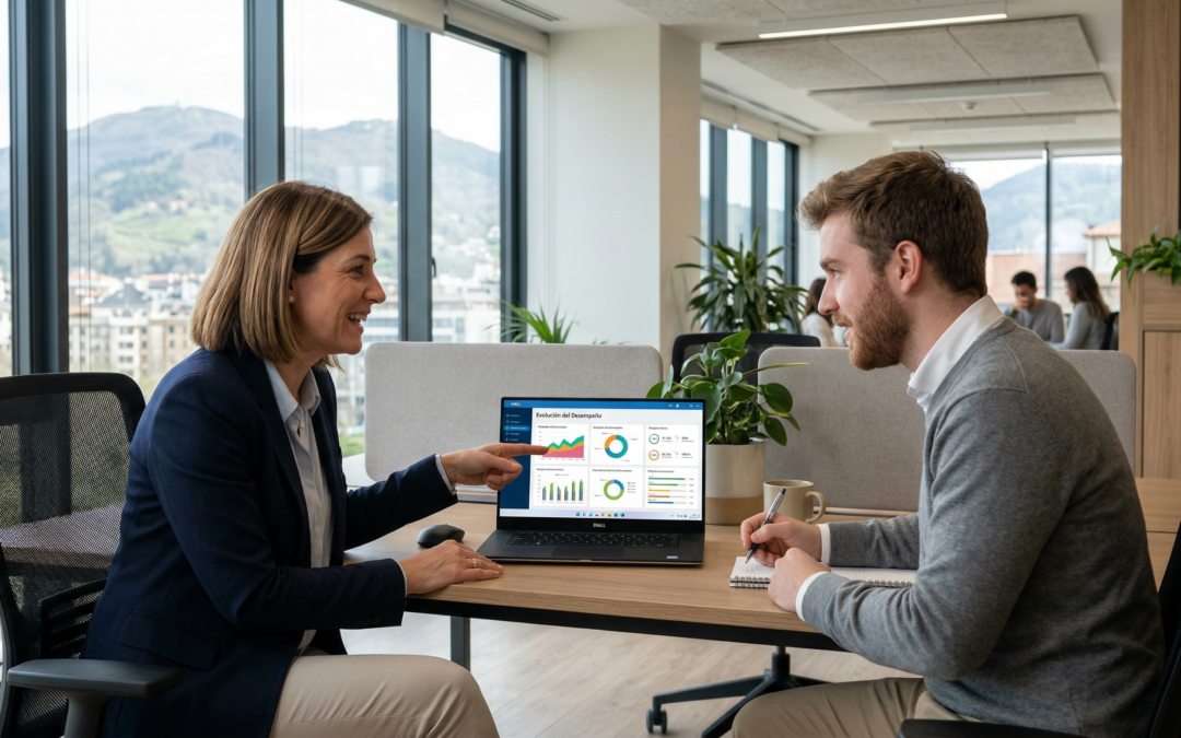 Sesión de feedback de evaluación del desempeño profesional en una empresa mediana.