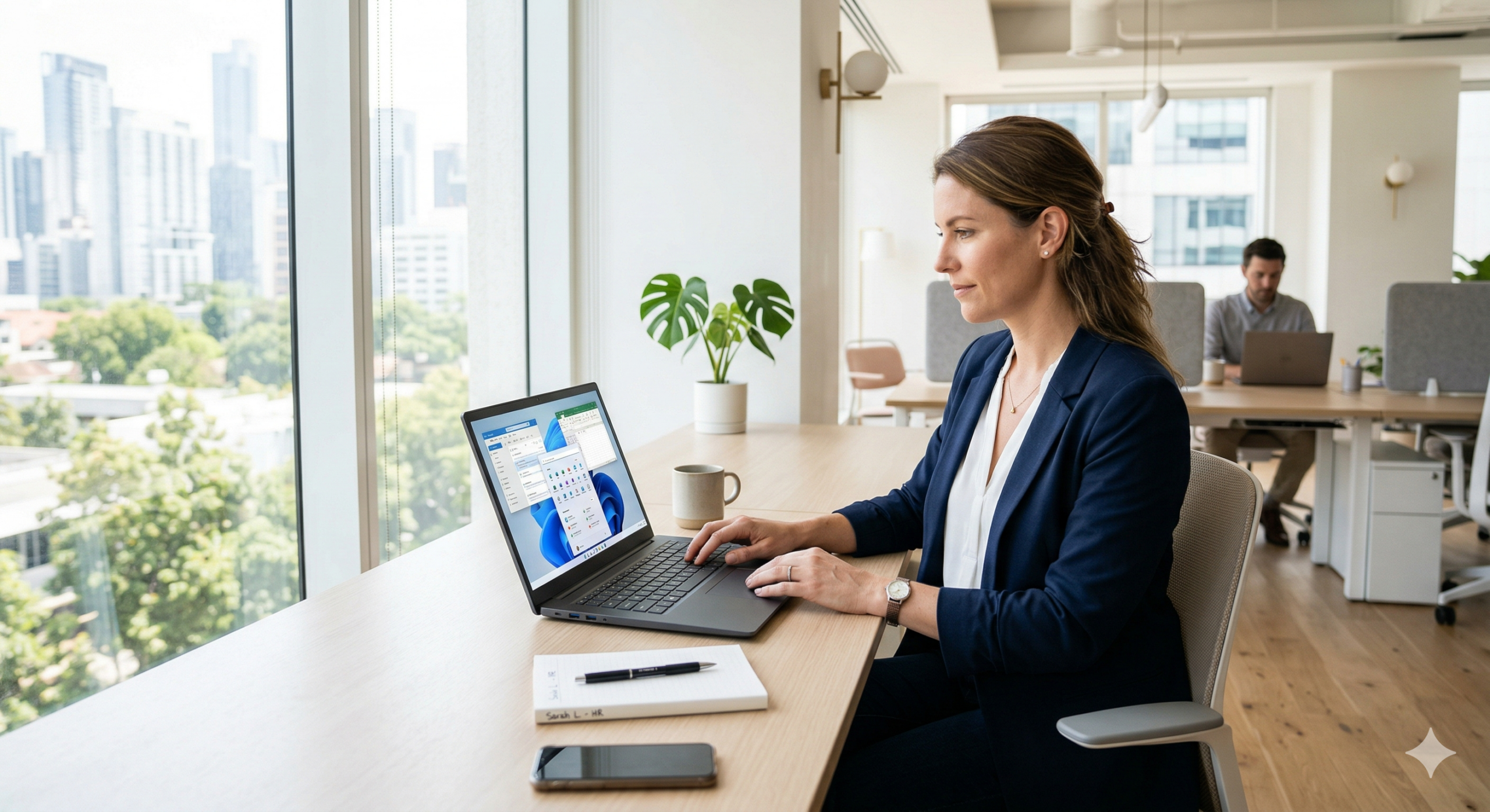 Responsable de RRHH frente a un PC con Windows buscando cómo organizar festivos Semana Santa RRHH en una oficina luminosa.